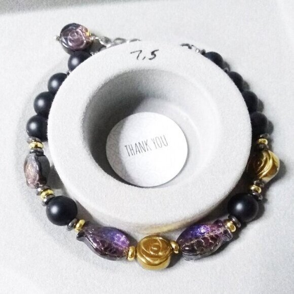 Purple + Black Iridescent Fish + Stone Beads Bracelet! 7"+ Adjust. Goth + Beachy - Picture 6 of 11